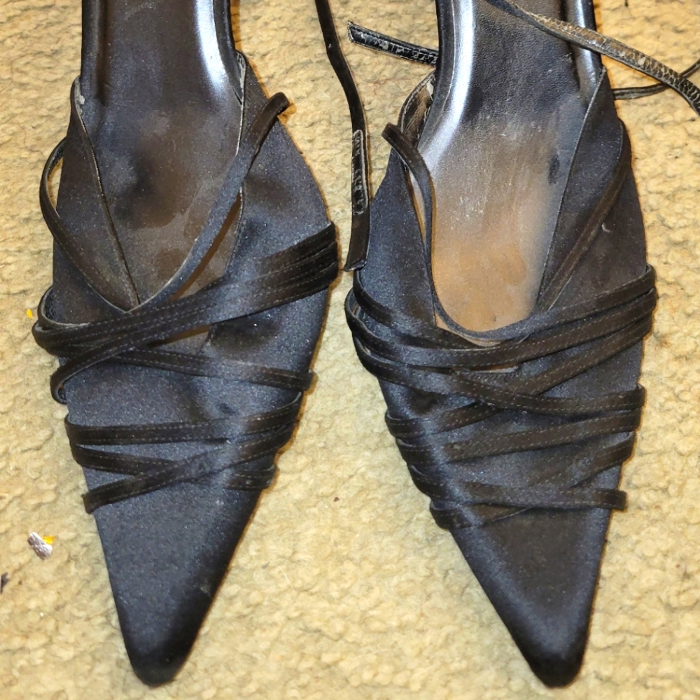Black satin heels with straps